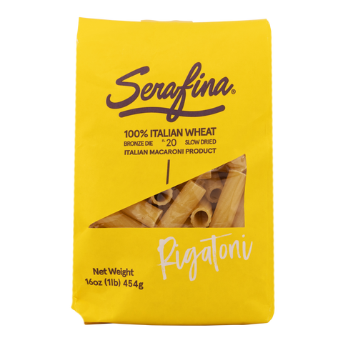 Yellow package of Serafina Rigatoni pasta on a white background