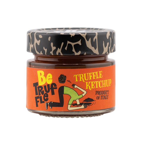 Jar of truffle ketchup with a colorful label on a white background