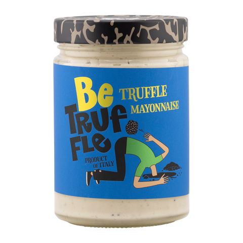 Jar of truffle mayonnaise with blue label and black lid on white background