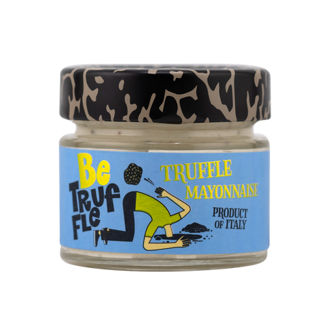 Jar of truffle mayonnaise with a blue label and black lid on a white background