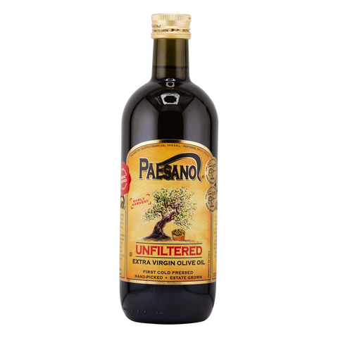 Bottle of Paesano unfiltered extra virgin olive oil on a white background