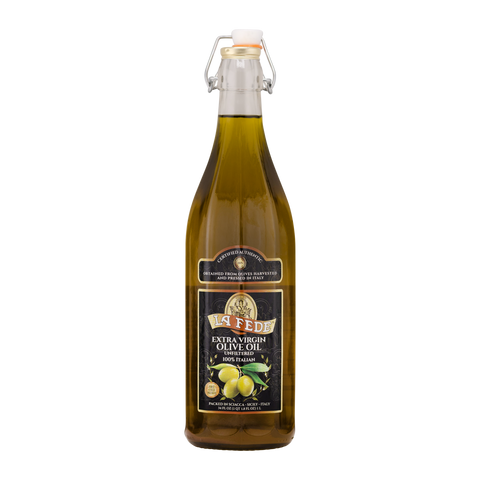 Bottle of La Fede extra virgin olive oil on a white background