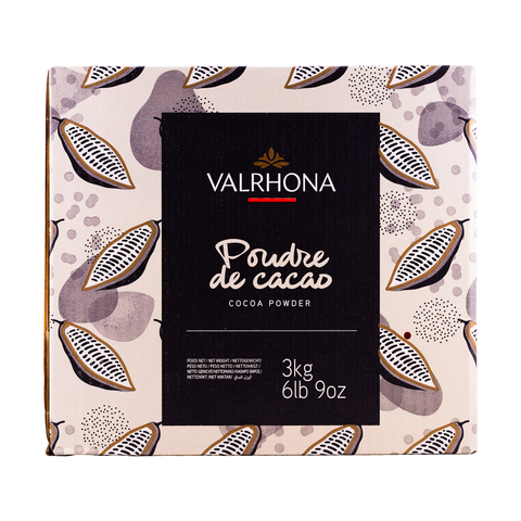Valrhona cocoa powder packaging with a decorative pattern on a white background