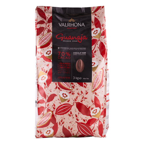 Valrhona Guanaja chocolate bag with red and white design on a white background