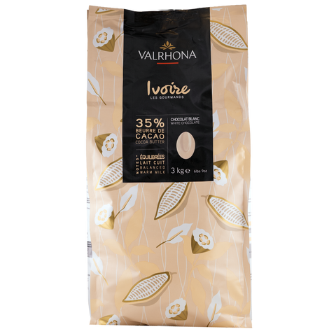 Valrhona chocolate packaging with white and gold design