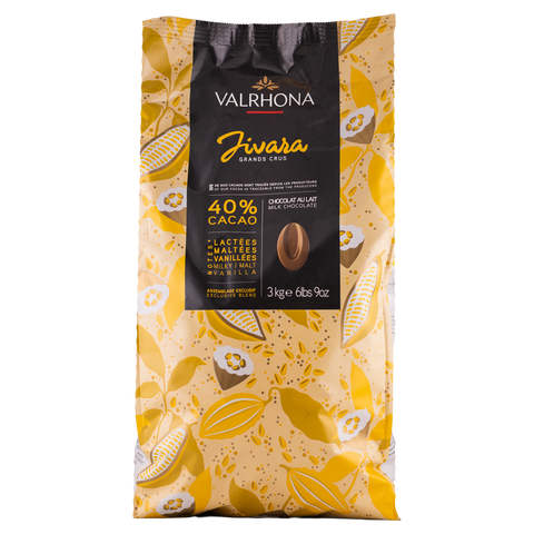 Valrhona Fivara chocolate packaging with a yellow and black design on a white background