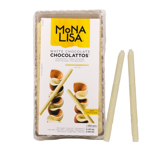 Packaging of Mona Lisa white chocolate Chocolattos with two chocolate sticks on a white background