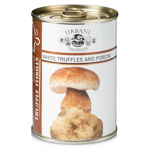 Can of Urbani Truffles with mushroom illustration on a white background