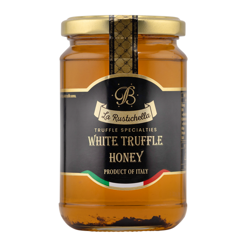Jar of La Rustichella White Truffle Honey on a white background