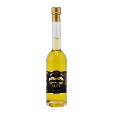 Bottle of white truffle olive oil with a gold cap on a white background