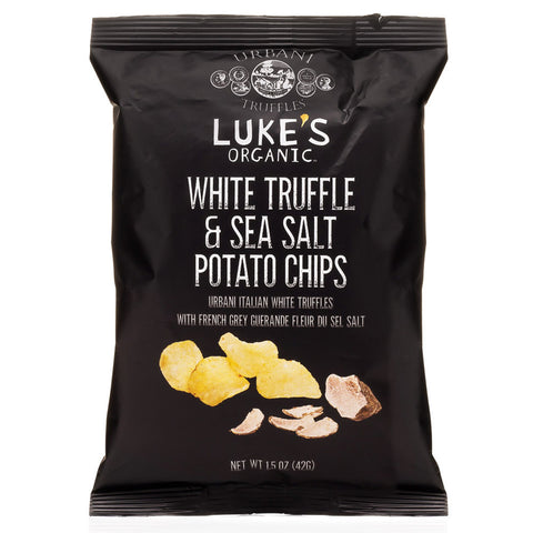 Black packaging of Luke's Organic White Truffle & Sea Salt Potato Chips with illustrations on a white background.