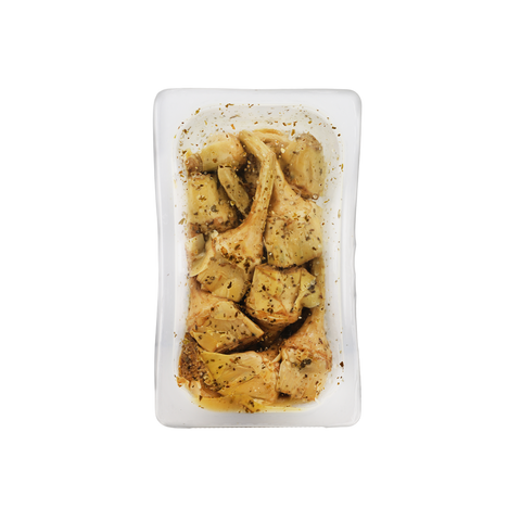 Packaged Whole Artichokes with Stems in a clear plastic container on a white background