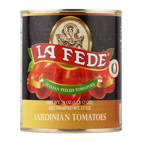 Can of La Fede Sardinian Tomatoes with a black background