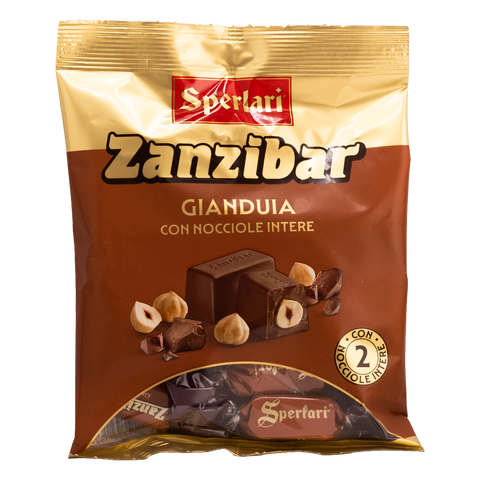 Sperlari Zanzibar Gianduia chocolate package with hazelnuts on a white background