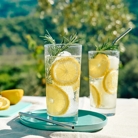 Two glasses of lemonade with ice and lemon slices on a table outdoors with greenery in the background.
